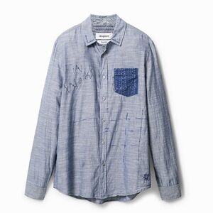 DESIGUAL Stripe Embroidered Shirt with Contrasting Pocket | Small | Unisex |